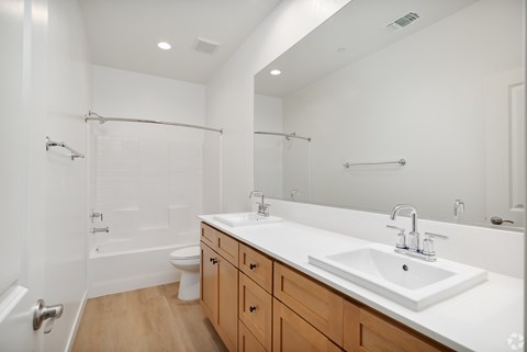 a bathroom with two sinks and a shower and a toilet