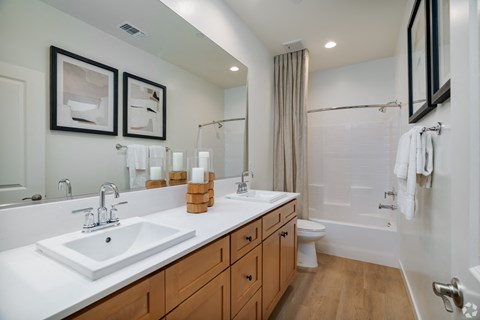 a bathroom with two sinks and a shower and a toilet