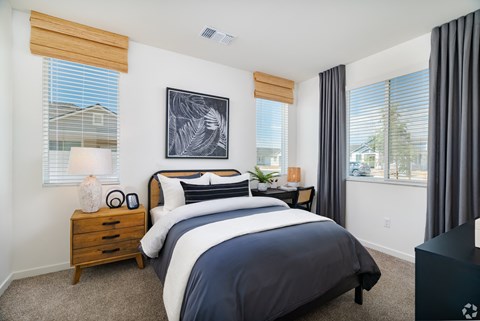 a bedroom with a bed and two windows