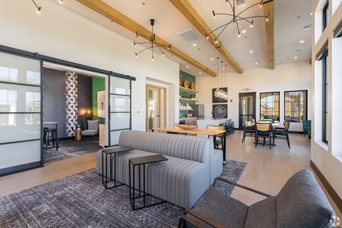 A modern living room with a grey sofa and a black coffee table.