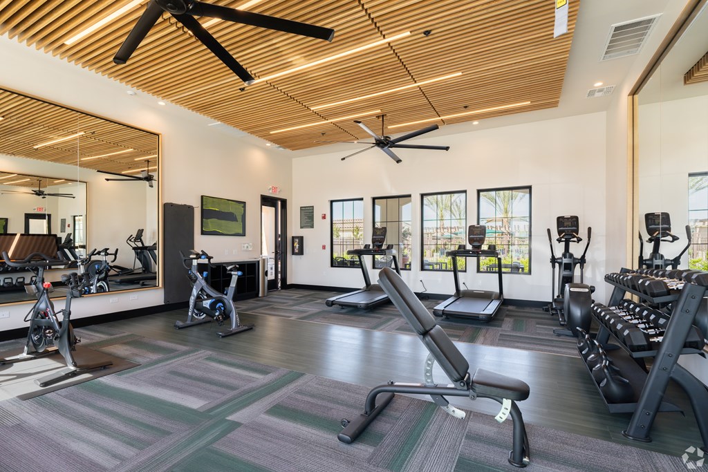 A gym with a variety of equipment including treadmills, stationary bikes, and weight machines.