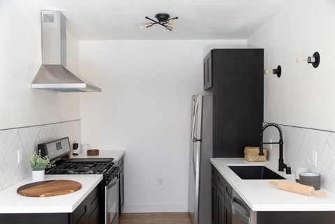 a kitchen with a sink and a stove and a refrigerator
