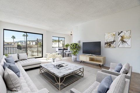 a living room with a couch and a coffee table and a television