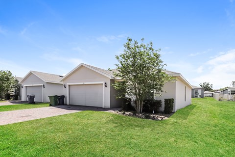 A house with a white garage door and a tree in front.