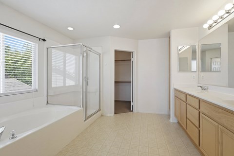 A bathroom with a large tub and a walk-in shower.