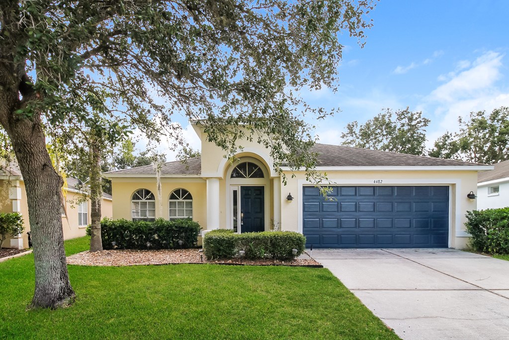 A house with a blue garage door and a tree in front.