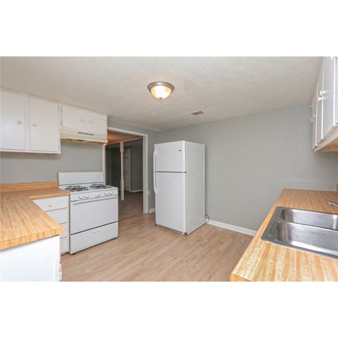 a kitchen with a white refrigerator and a sink