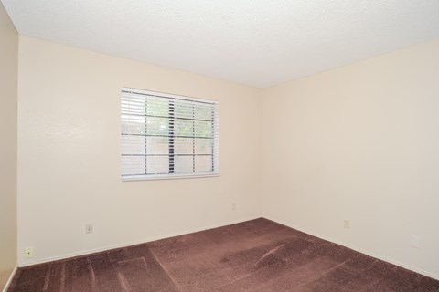 A room with a window and a brown carpet.