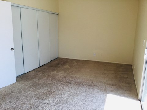 a room with carpet and white closet doors