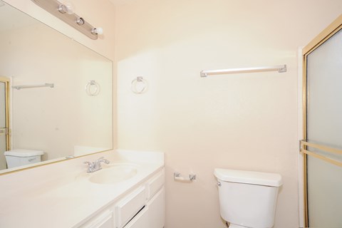 A white toilet sits next to a sink in a bathroom.