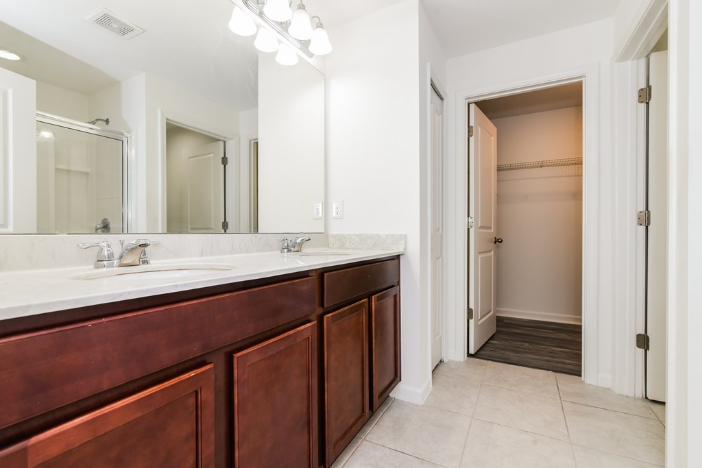 A bathroom with a vanity and a walk-in closet.