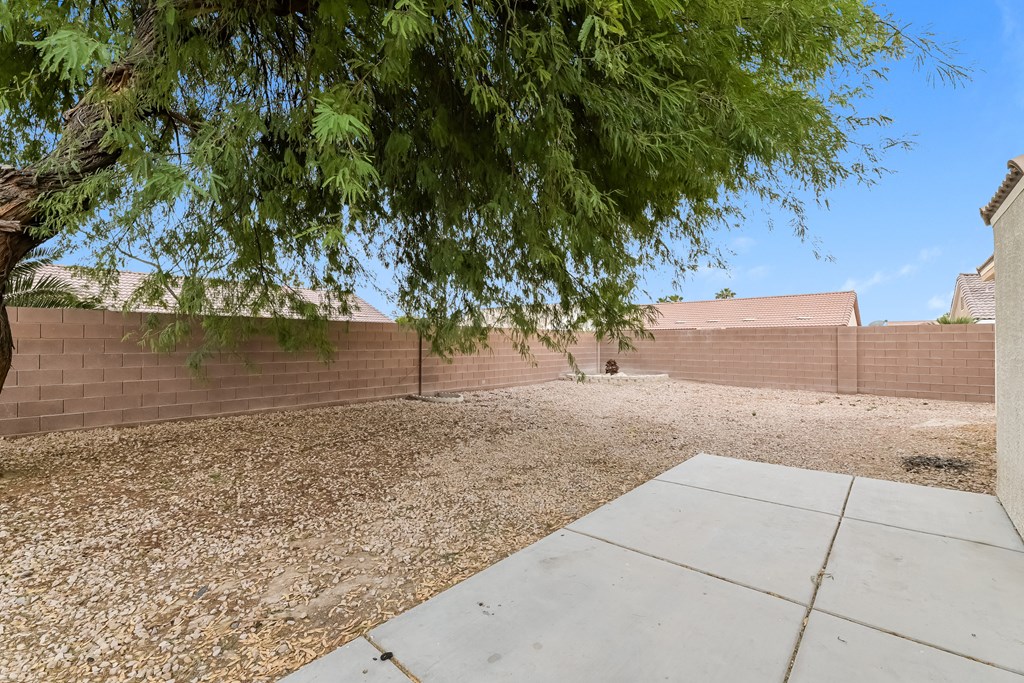 A backyard with a concrete patio and a tree.