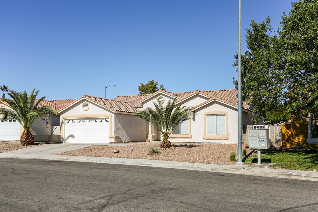 A house with a white garage door and a palm tree in front.