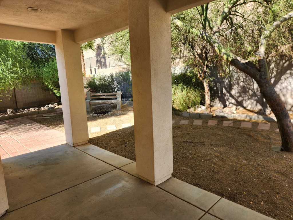 a view of a patio with a tree and a bench