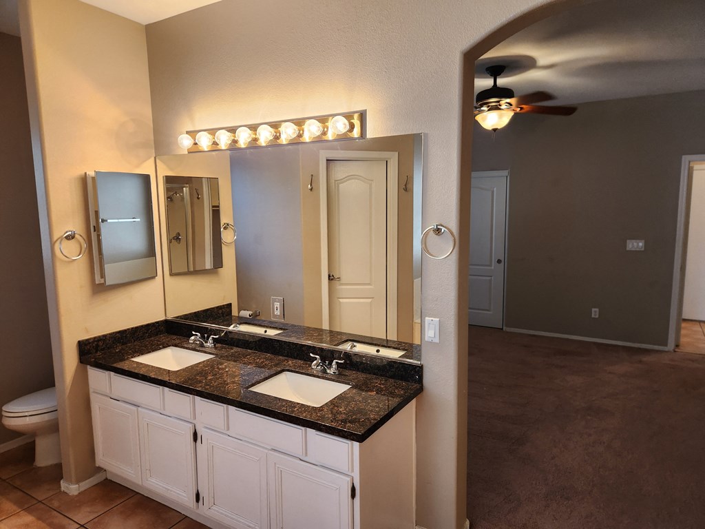 a bathroom with two sinks and a large mirror