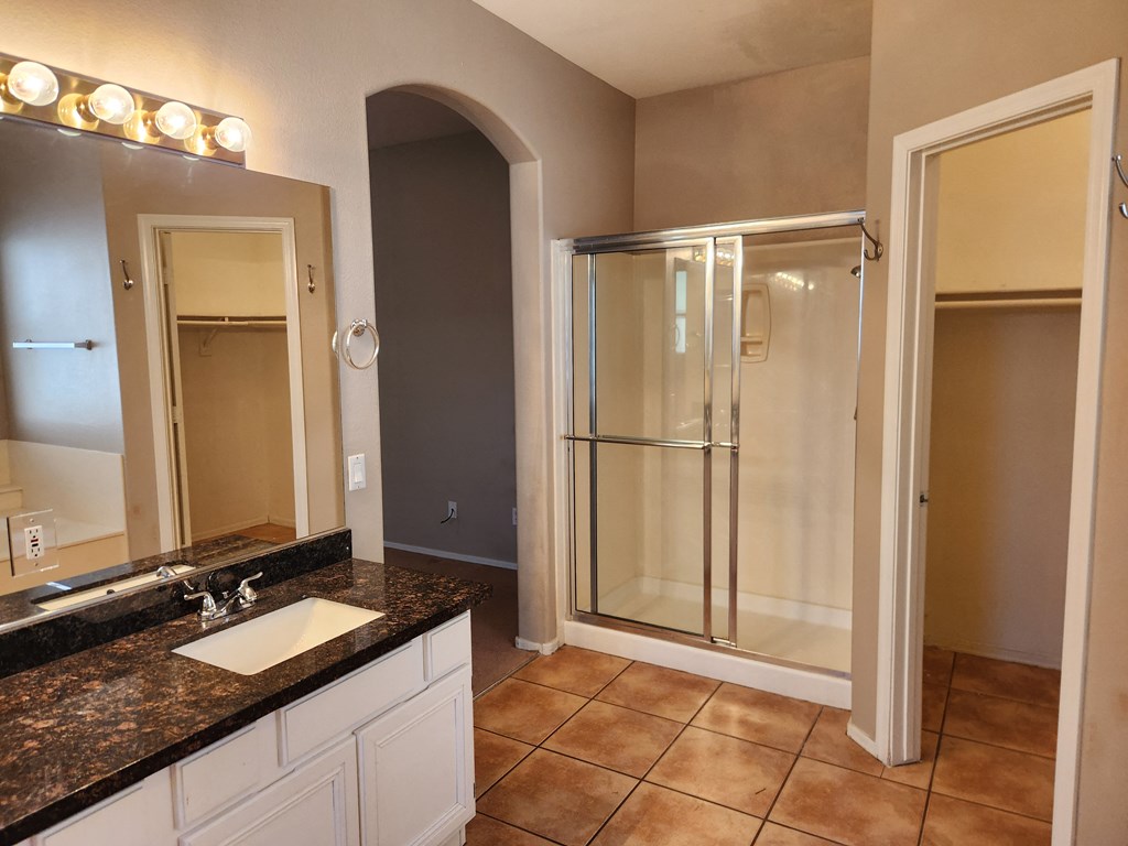 a bathroom with a sink and a shower