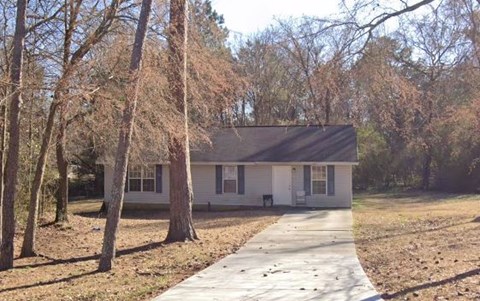 A small white house with a brown roof is surrounded by trees.