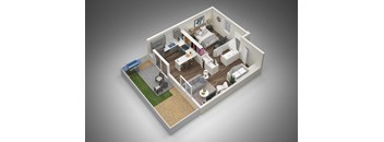 A 3D rendered image of a small apartment layout.