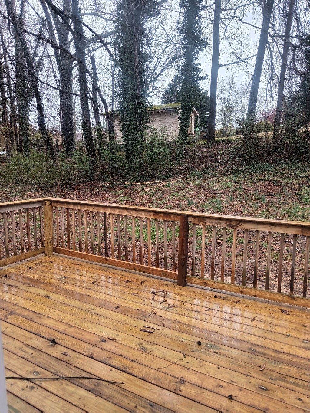 A wooden deck with a railing and trees in the background.