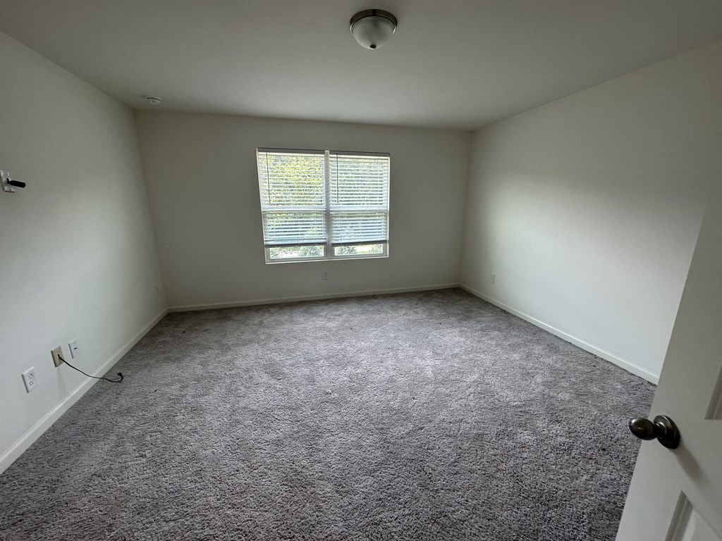 an empty room with carpet and a window