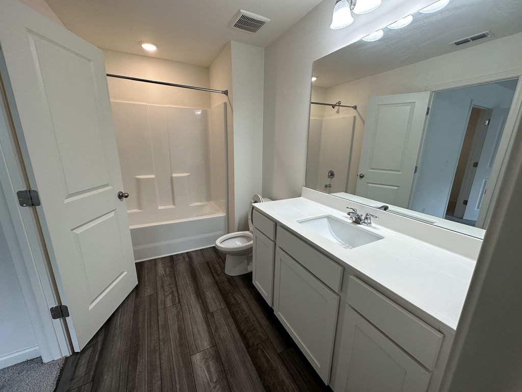 a bathroom with a sink and a shower and a toilet