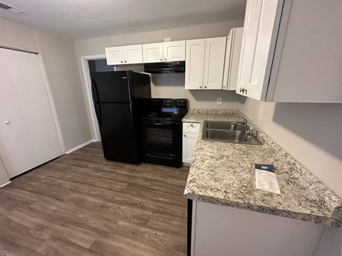 A kitchen with a black fridge and a granite counter.