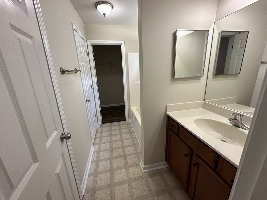 a bathroom with a sink and a mirror and a door to a closet