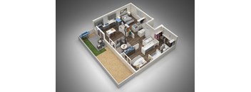 A 3D rendered image of a house layout.