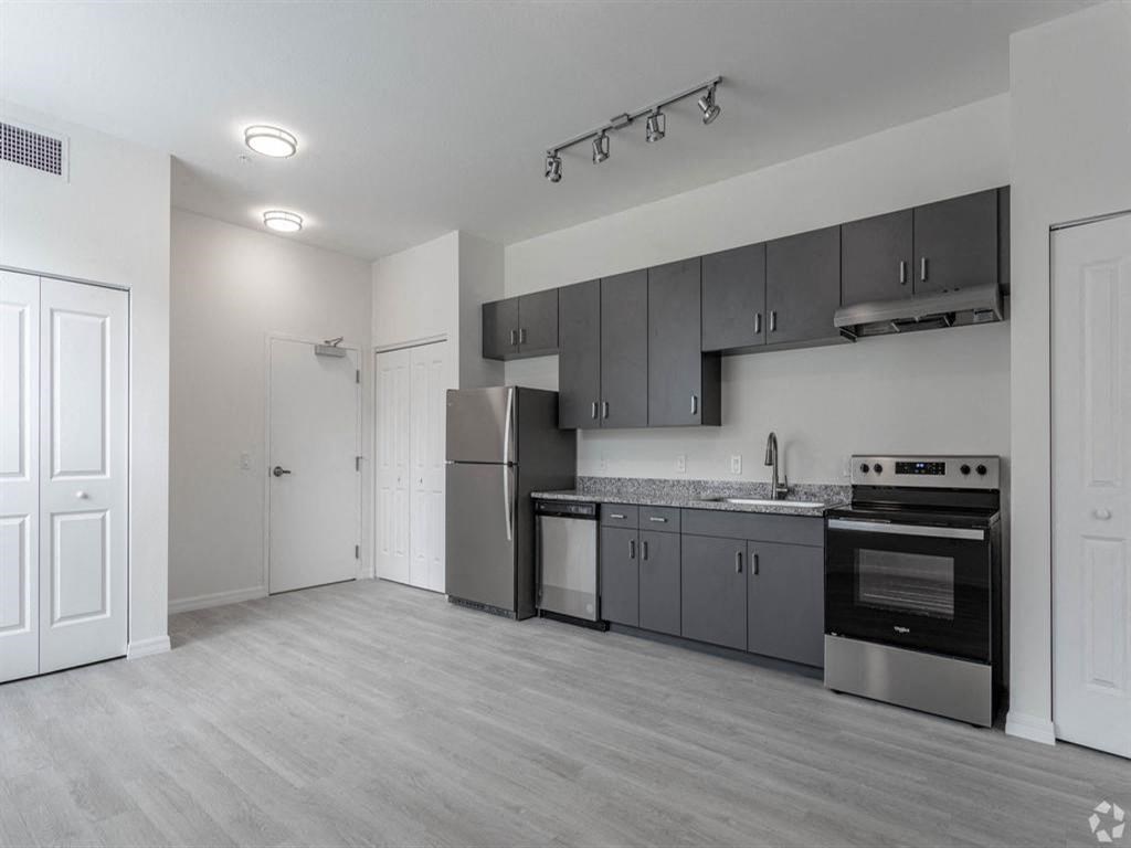 a kitchen with stainless steel appliances and black cabinets