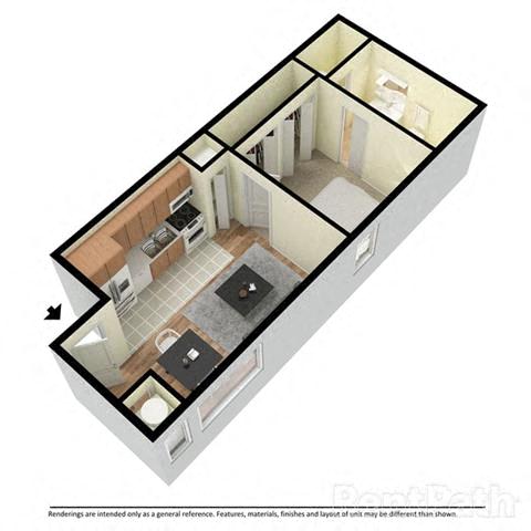 A 3D floor plan of a house with a kitchen, living room, and bathroom.