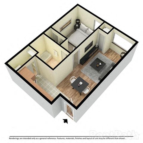 A 3D floor plan of a house with a kitchen, living room, and two bedrooms.