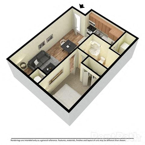 A 3D floor plan of a small apartment with a kitchen, living room, and bathroom.