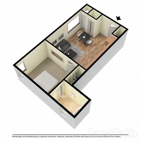 A 3D floor plan of a house with a kitchen, living room, and bedrooms.