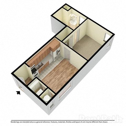 A 3D floor plan of a house with a kitchen, living room, and bathroom.