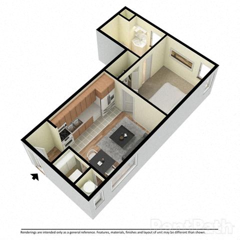 A 3D floor plan of a house with a kitchen, living room, and bathroom.