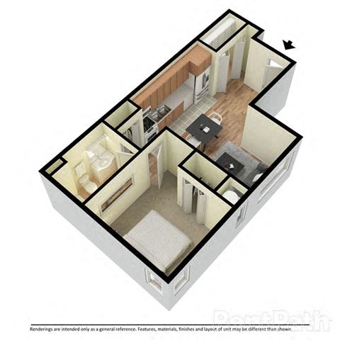 A 3D floor plan of a house with a kitchen, living room, and two bedrooms.
