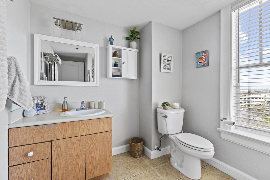 a bathroom with a toilet sink and mirror and a window