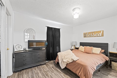 a bedroom with a bed and a tv