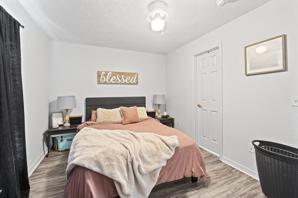 a bedroom with a bed and a closet