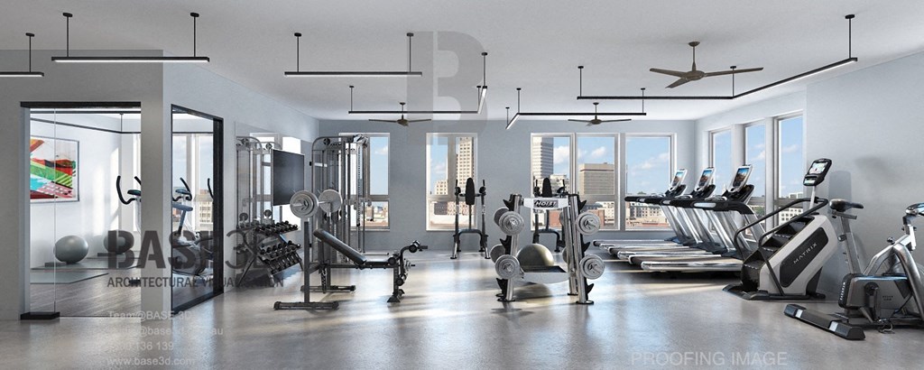 a gym with a view of the city