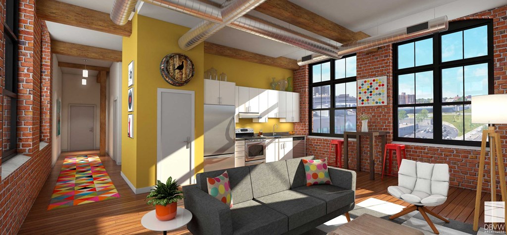 a rendering of a living room and kitchen in a loft