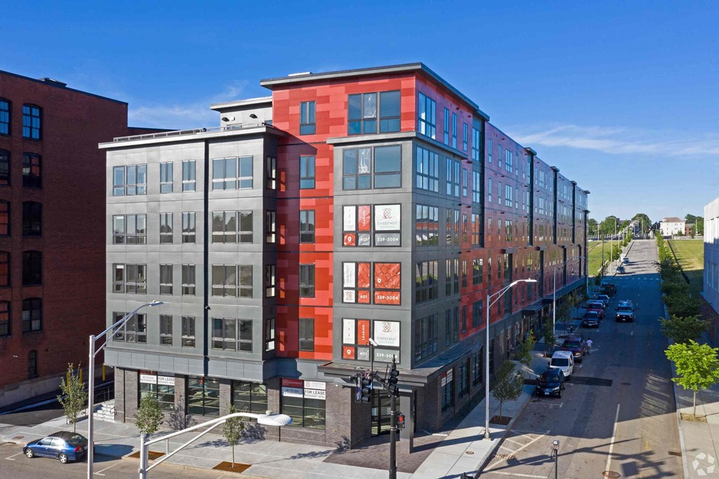a new building on the corner of a city street
