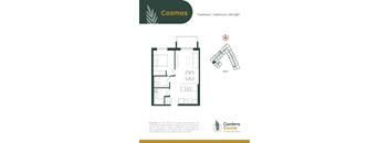 A floor plan for a property called Cosmos, which has 1 bedroom and 1 bathroom, is shown.