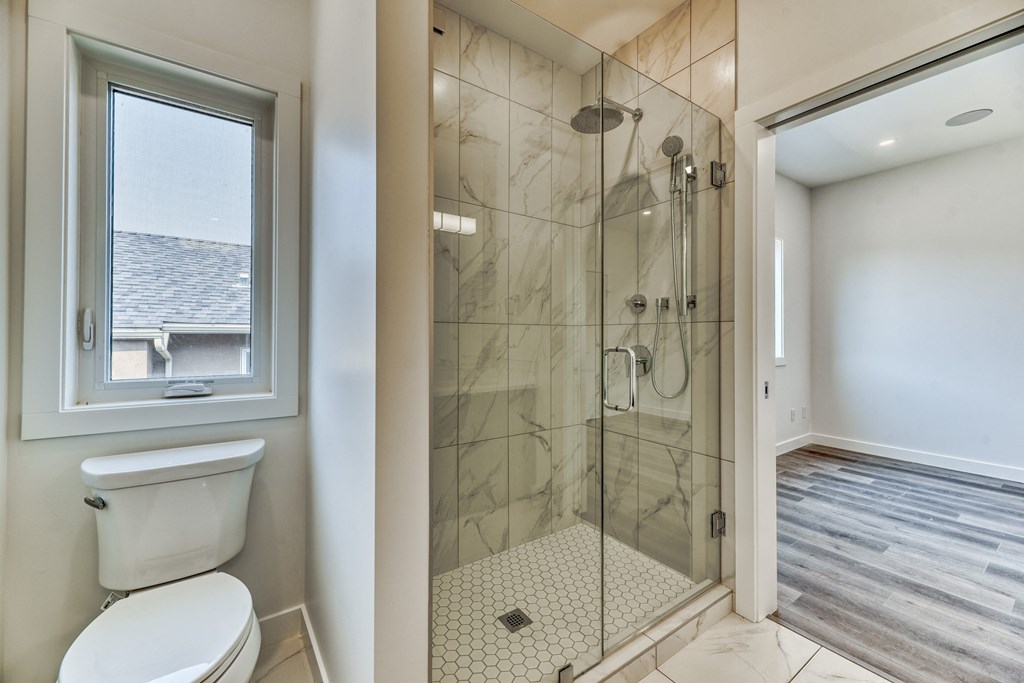 A bathroom with a walk-in shower and a toilet.