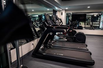 a row of cardio machines in a gym