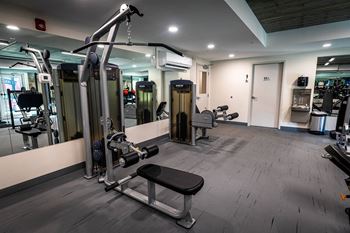 a gym with weights and other equipment in a building