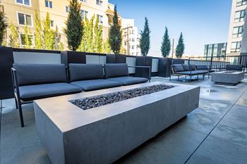 a seating area with couches and chairs and a fire pit