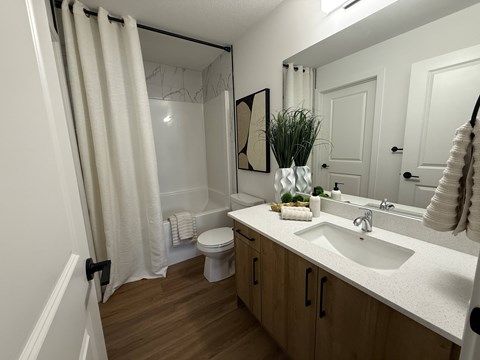 A bathroom with a white sink, toilet, and a mirror.
