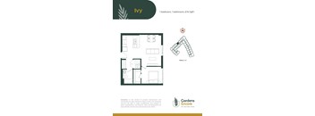 A floor plan for a one bedroom, one bathroom apartment at Gardens Encore at Century Park.