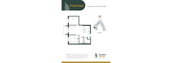 A floor plan for a one bedroom, one bathroom apartment of 773 square feet.